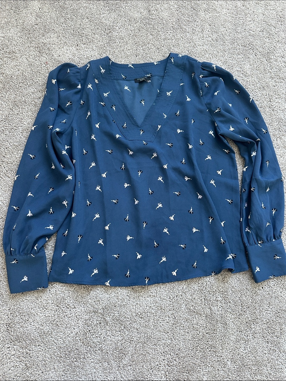 Ann Taylor Navy V-Neck Long Sleeve Blouse with Small White Floral Print